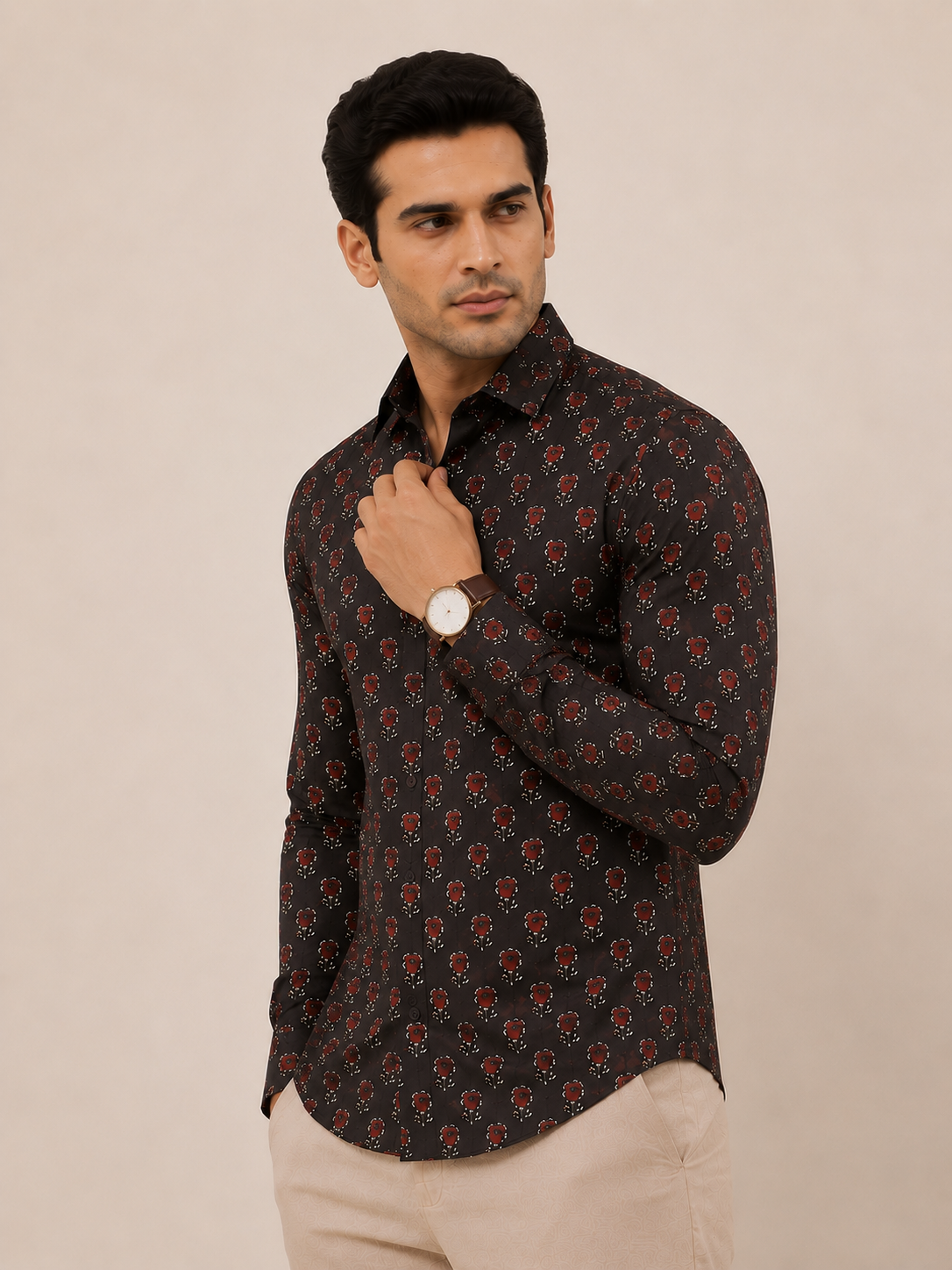 Black Full Sleeve Cotton Hand Block Printed Men's Shirt