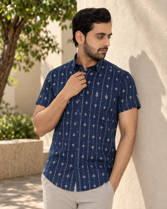 Blue Cotton Hand Block Printed Short Sleeve Shirt