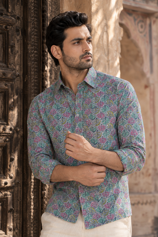 Blue Full Sleeve Cotton Hand Block Printed Men’s Shirt