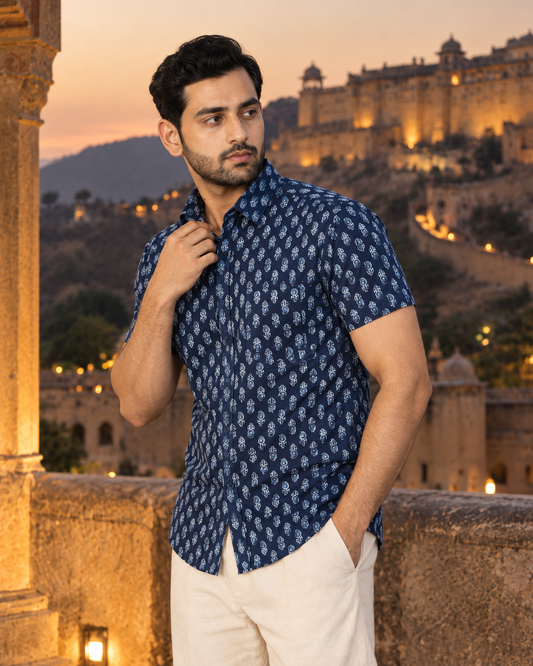 Blue Short Sleeve Cotton Hand Block Printed Men’s Shirt