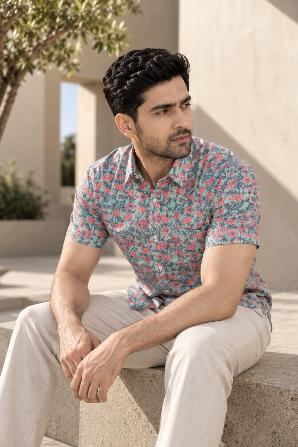 Blue Short Sleeve Cotton Slim Hand Block Printed Men’s Shirt