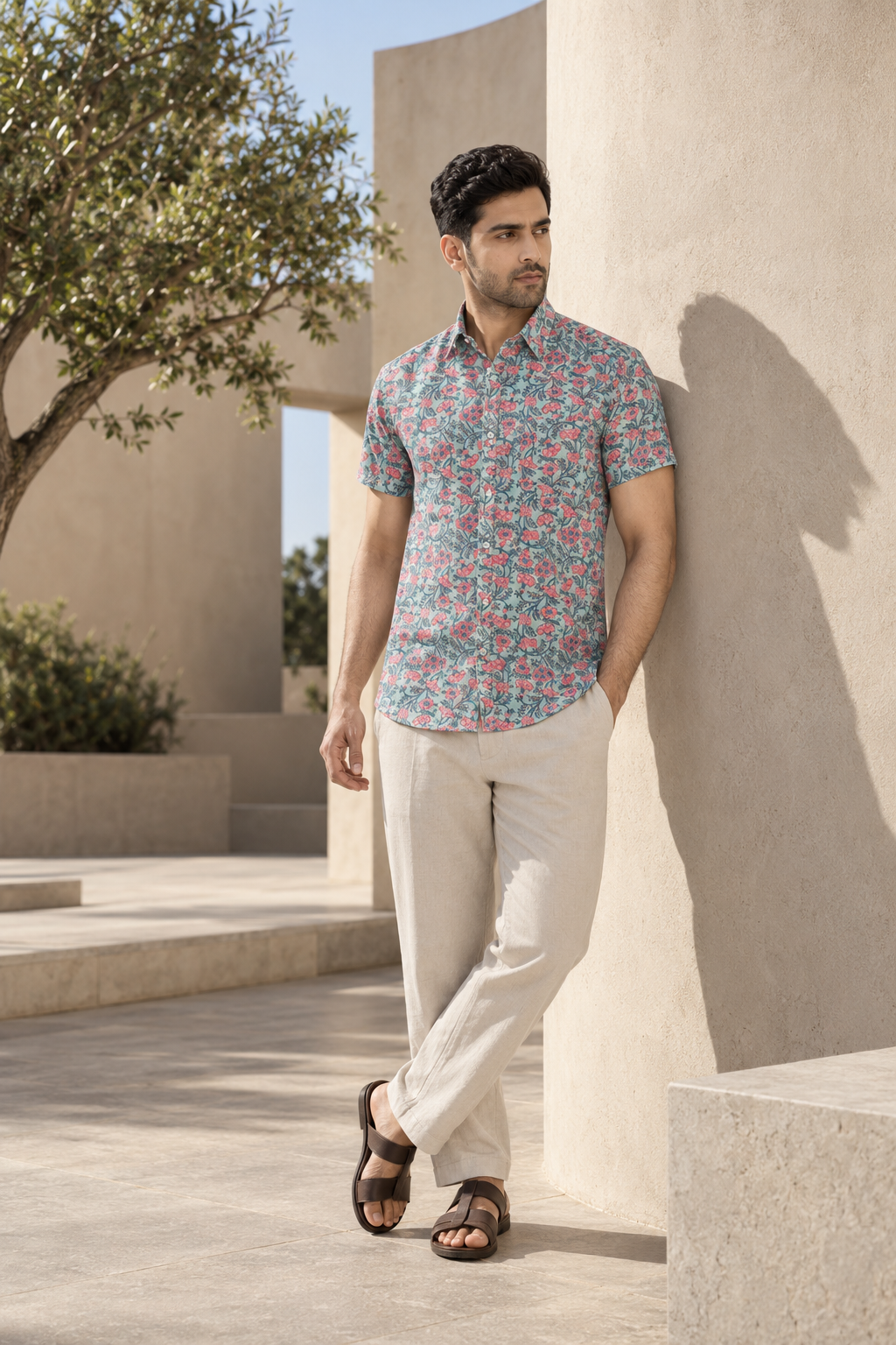 Blue Short Sleeve Cotton Slim Hand Block Printed Men’s Shirt