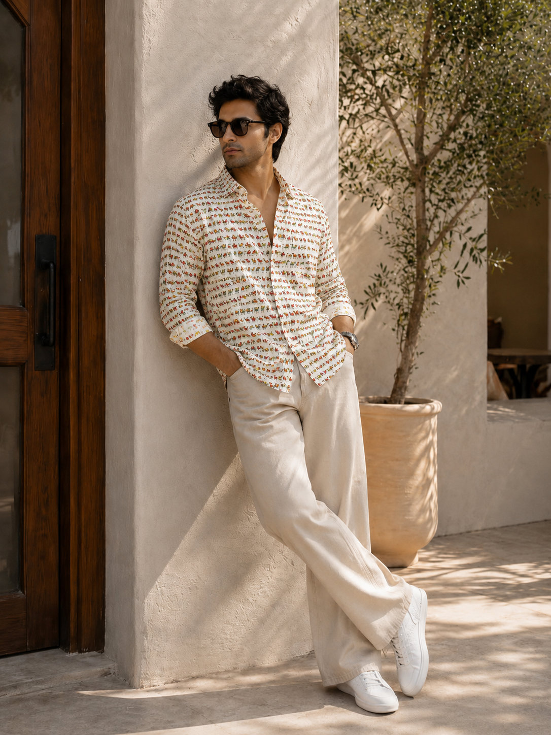 Full Sleeve Hand Block Camel Printed Mens Cotton Shirt (Off White)