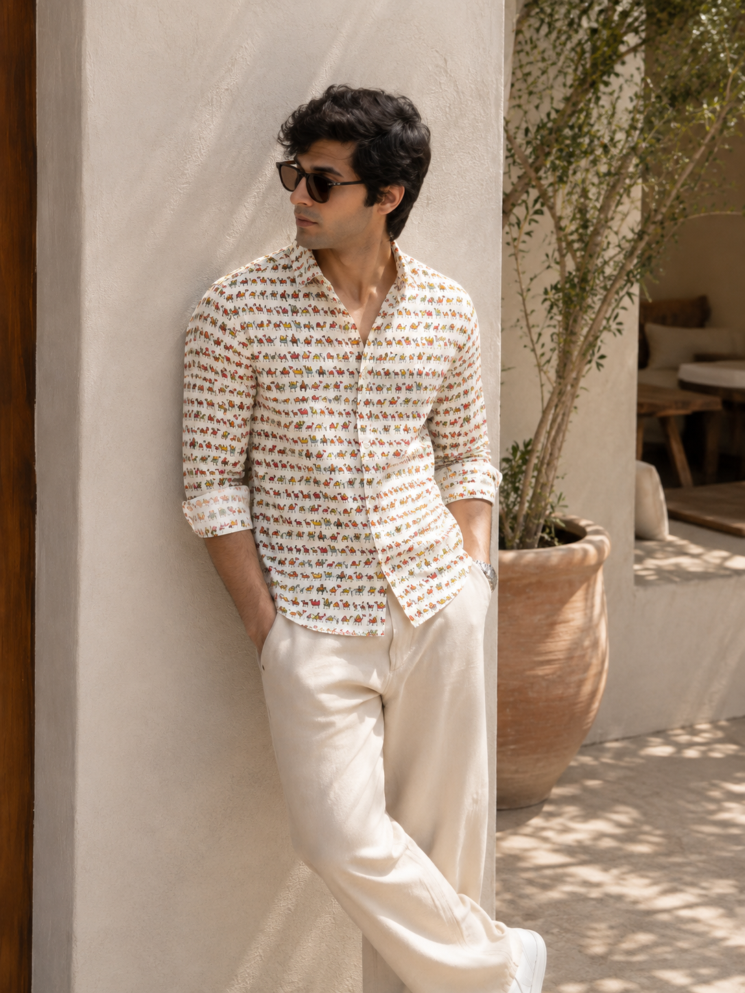 Full Sleeve Hand Block Camel Printed Mens Cotton Shirt (Off White)
