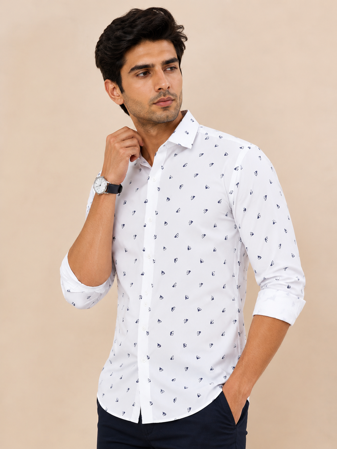 Full Sleeves White Crepe Casual Printed Men's Shirt