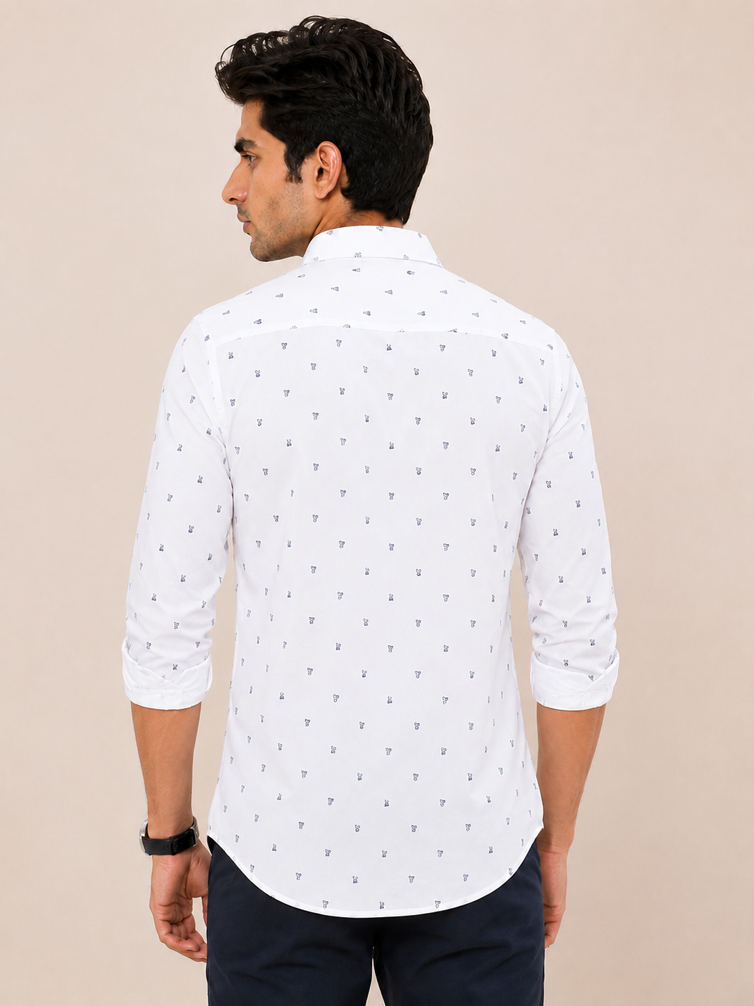 Full Sleeves White Crepe Casual Printed Men's Shirt