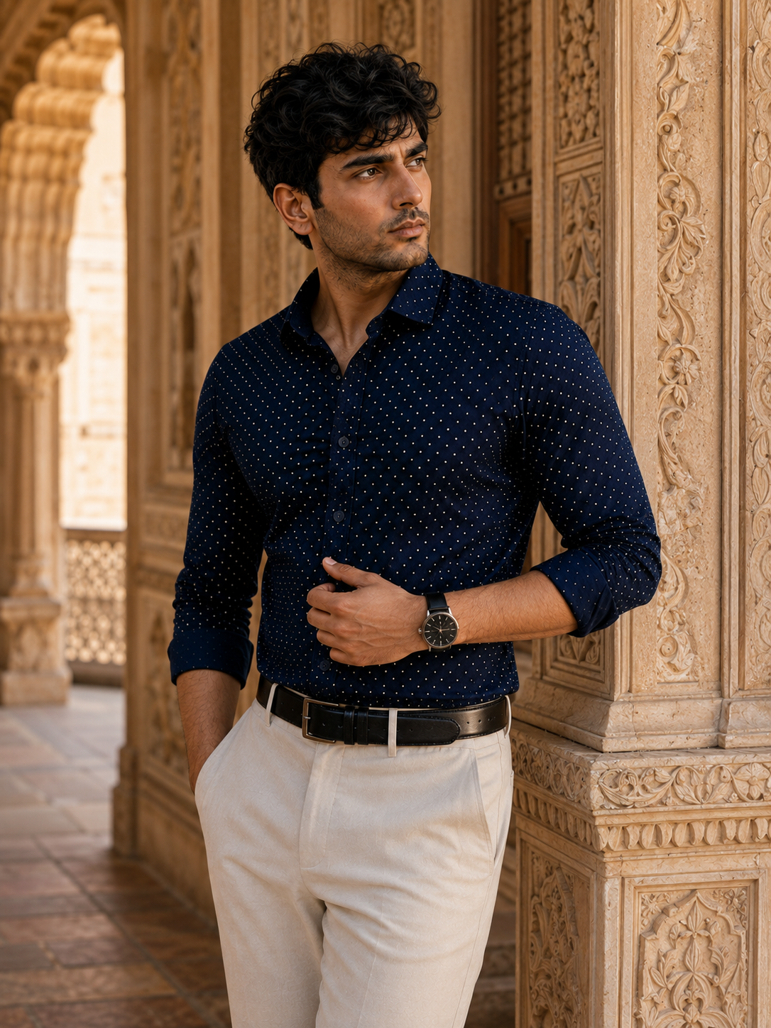 Electric Blue Full Sleeve Crepe Casual Printed Men's Shirt