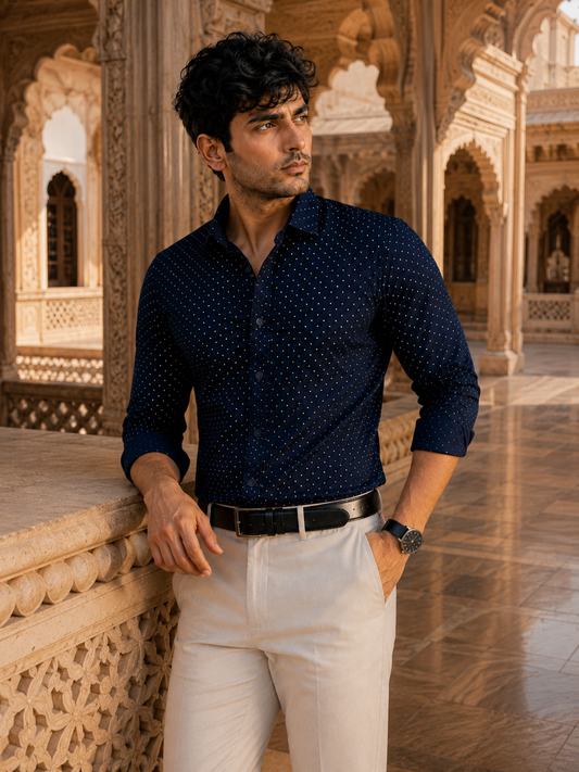 Electric Blue Full Sleeve Crepe Casual Printed Men's Shirt
