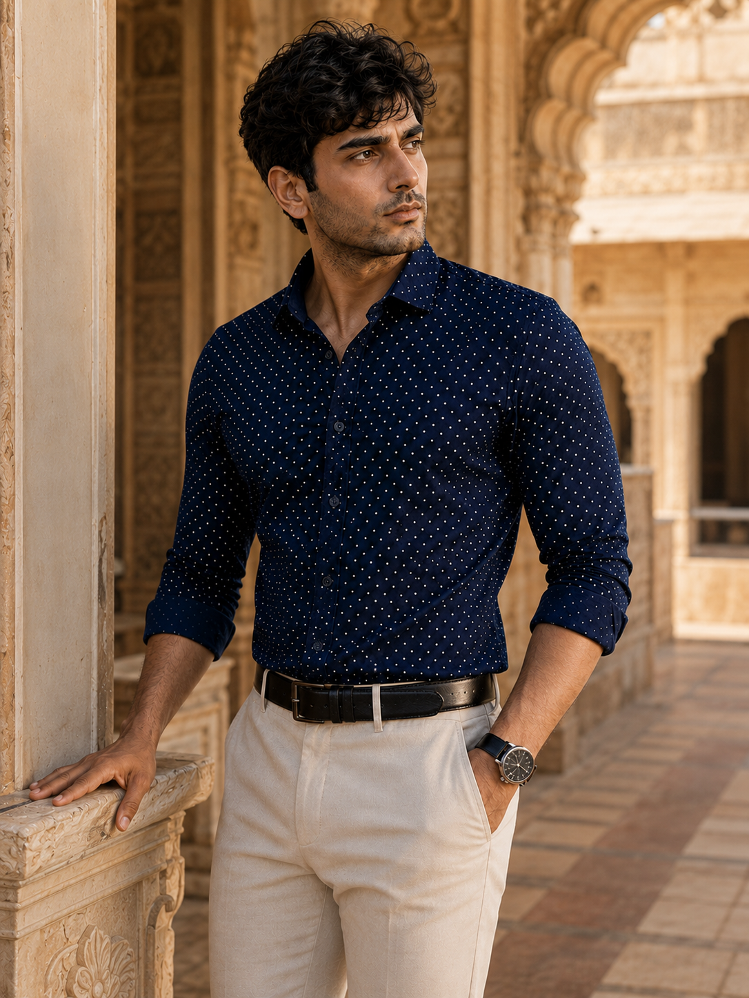 Electric Blue Full Sleeve Crepe Casual Printed Men's Shirt