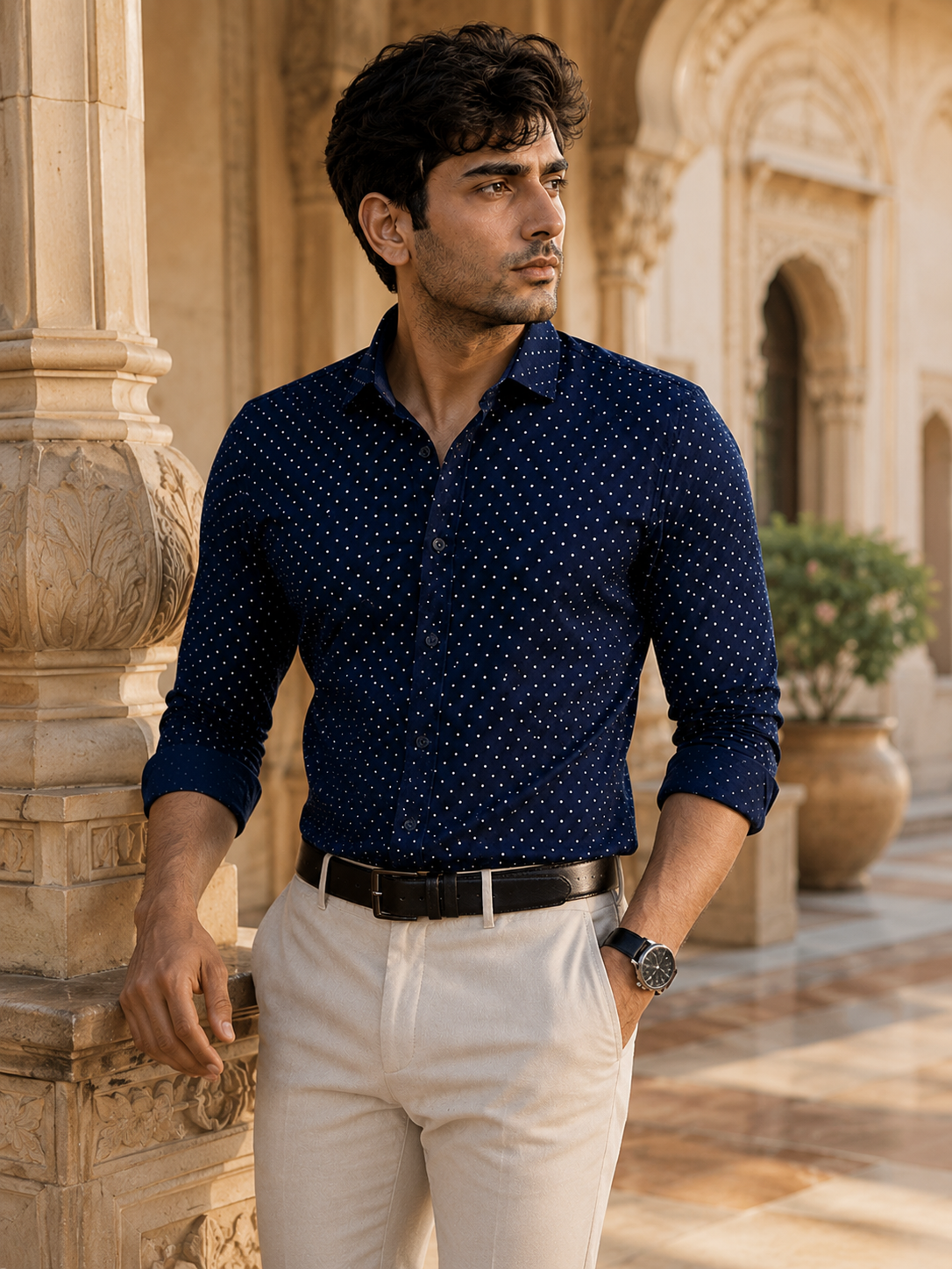 Electric Blue Full Sleeve Crepe Casual Printed Men's Shirt