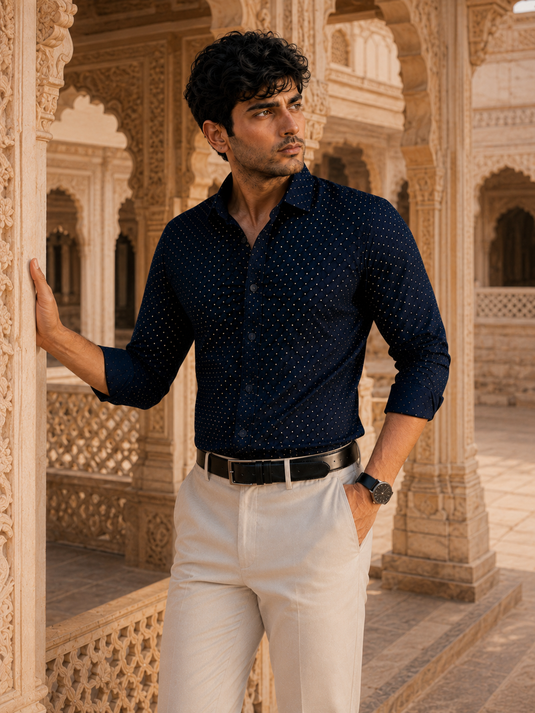 Electric Blue Full Sleeve Crepe Casual Printed Men's Shirt