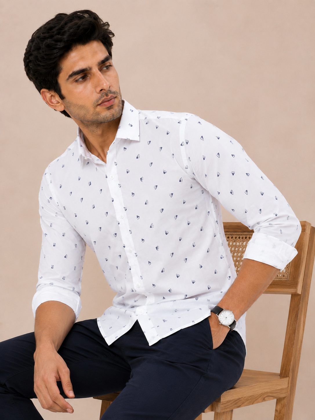 Full Sleeves White Crepe Casual Printed Men's Shirt