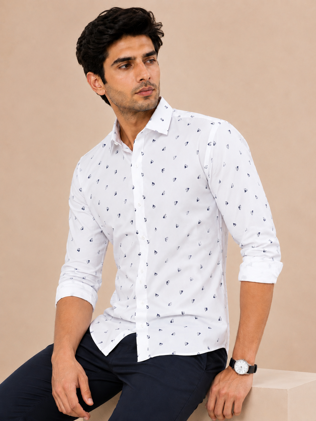 Full Sleeves White Crepe Casual Printed Men's Shirt