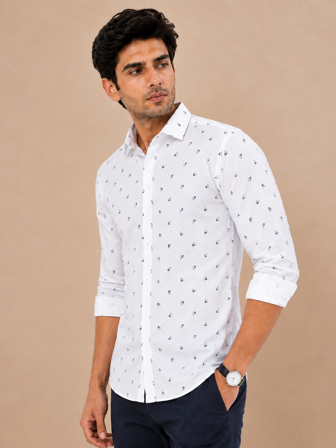 Full Sleeves White Crepe Casual Printed Men's Shirt
