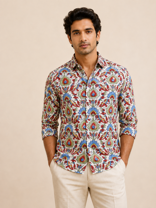 White Full Sleeve Cotton Hand Block Printed Men's Shirt