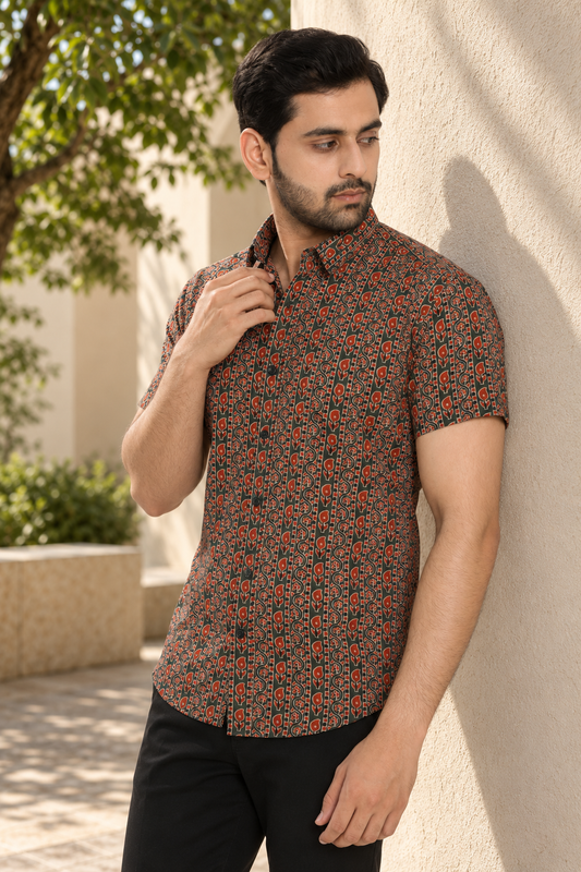 Dark green Short Sleeve Cotton Hand Block Printed Men’s Shirt