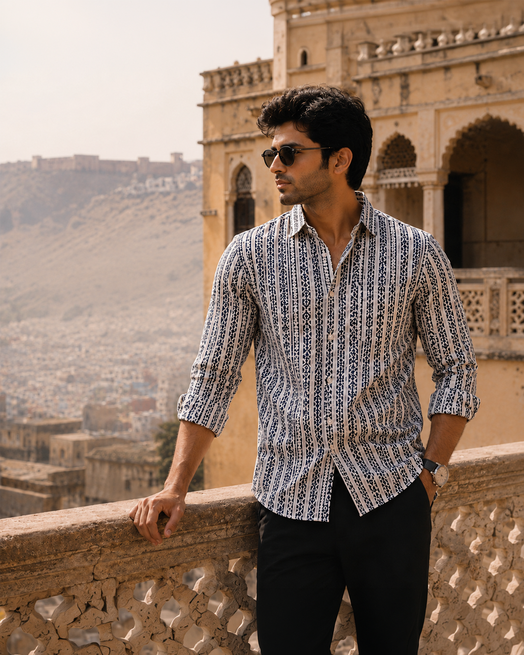 Full Sleeve White Geometrical Line Printed Men's Cotton Shirt