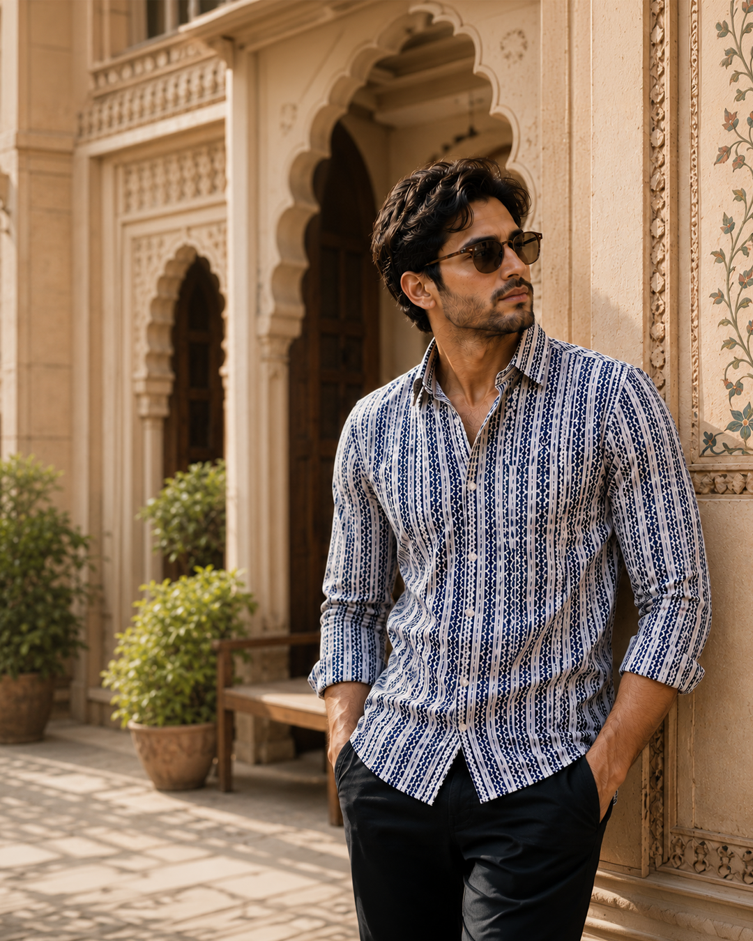 Full Sleeve White Geometrical Line Printed Men's Cotton Shirt