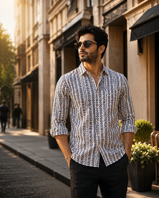 Full Sleeve White Geometrical Line Printed Men's Cotton Shirt