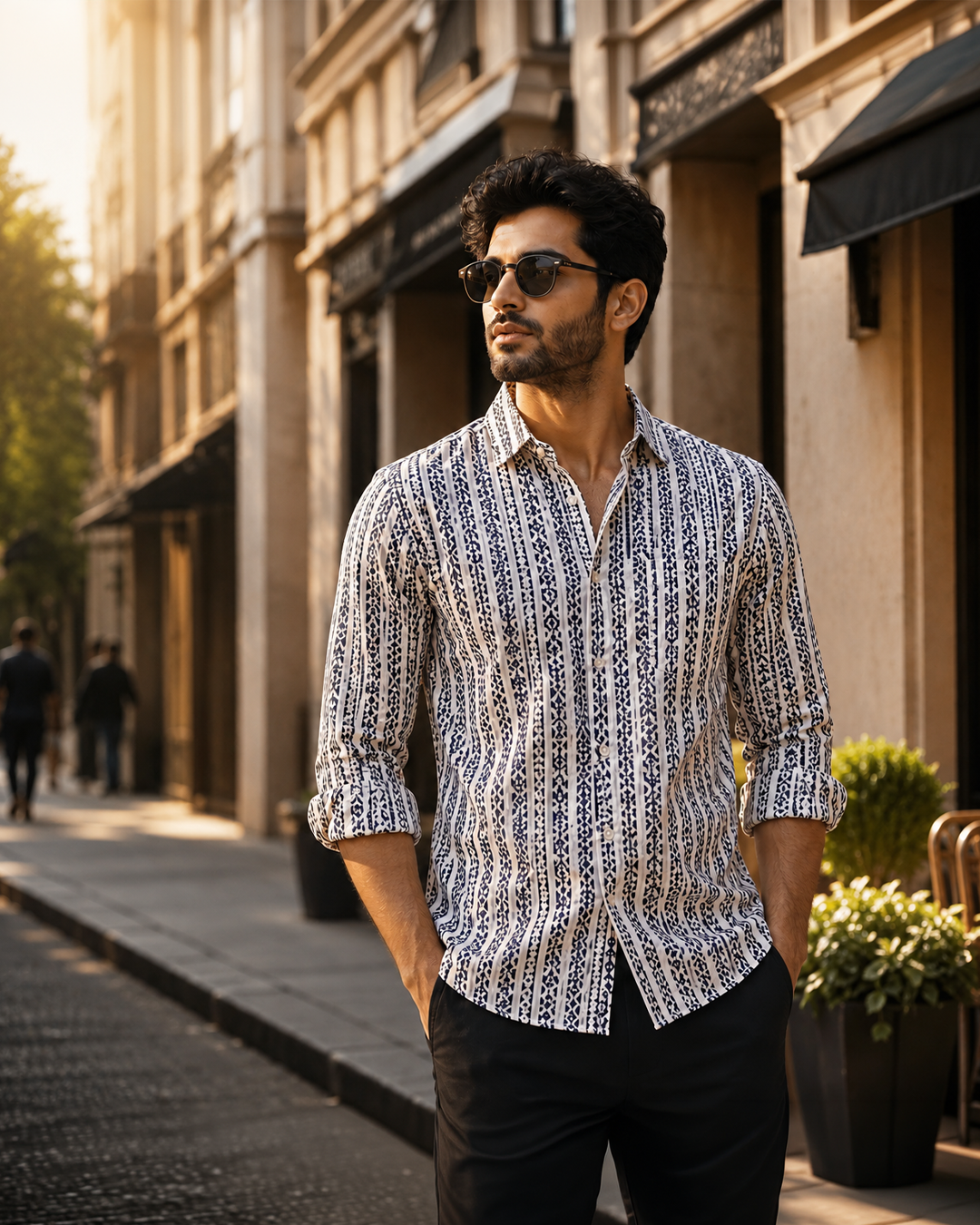 Full Sleeve White Geometrical Line Printed Men's Cotton Shirt