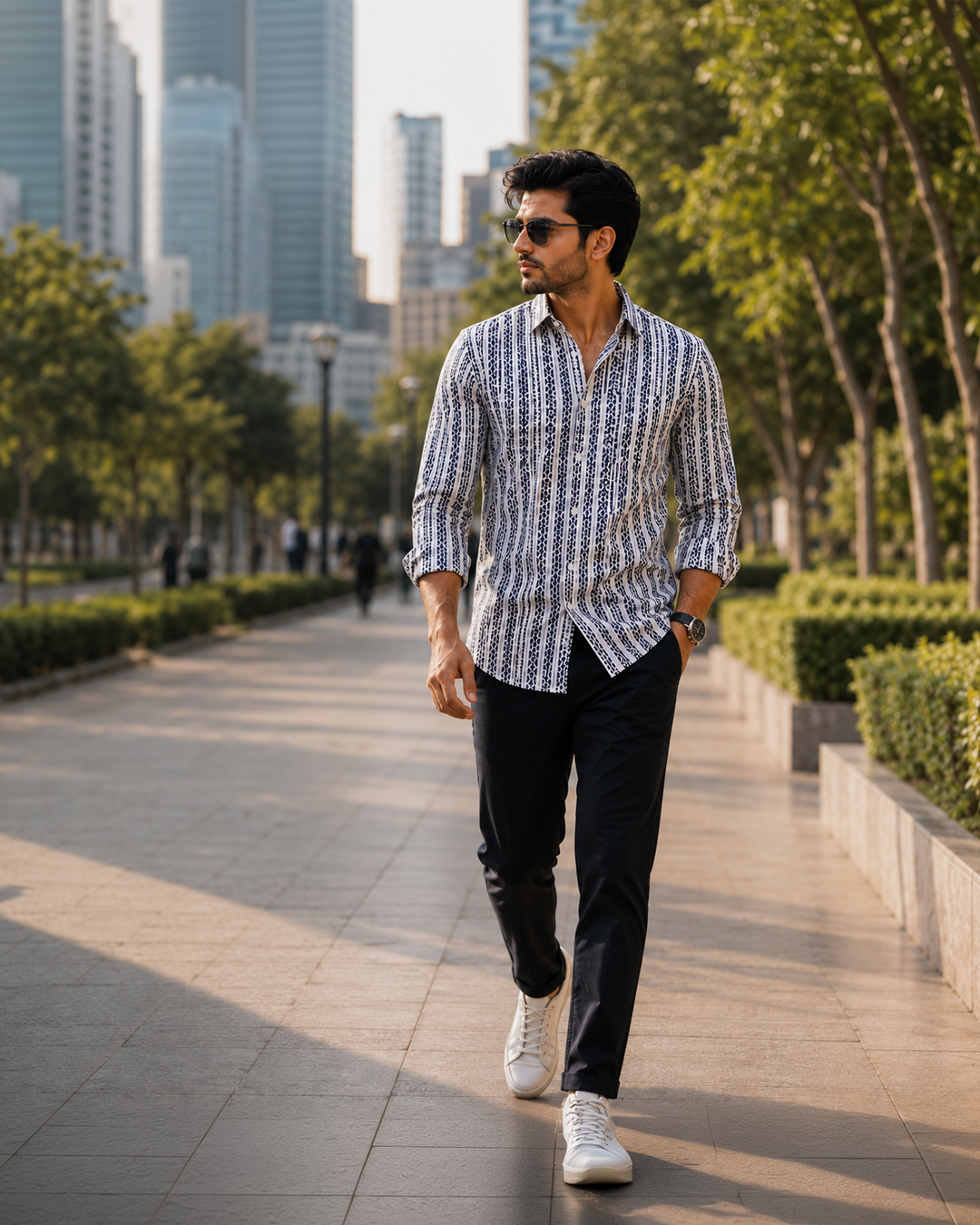 Full Sleeve White Geometrical Line Printed Men's Cotton Shirt