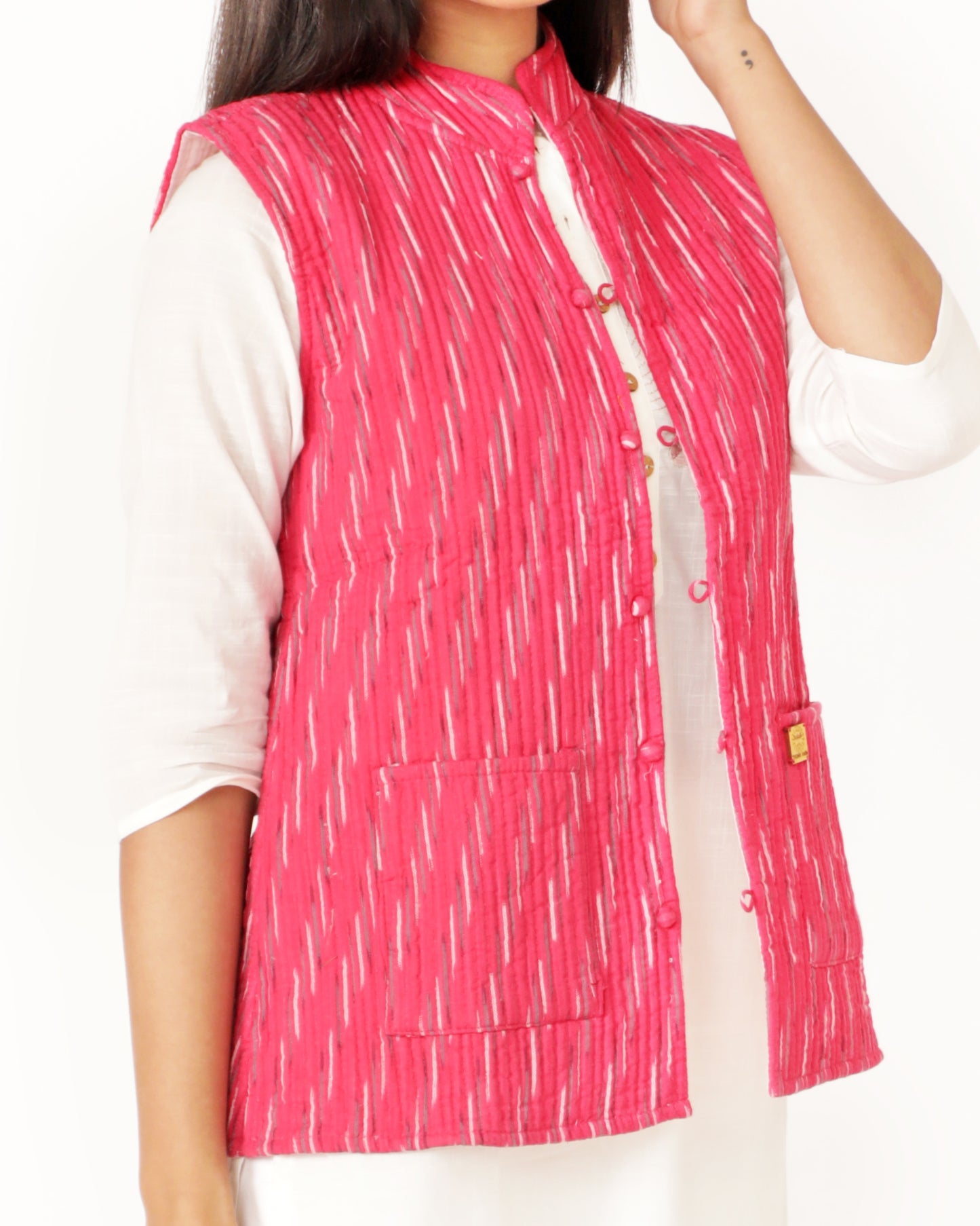 Dark Pink Cotton Hand Block Printed Regular Fit Jacket