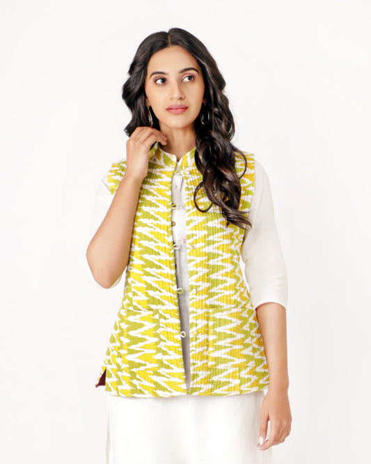 Dark Yellow Cotton Hand Block Printed Regular Fit Jacket