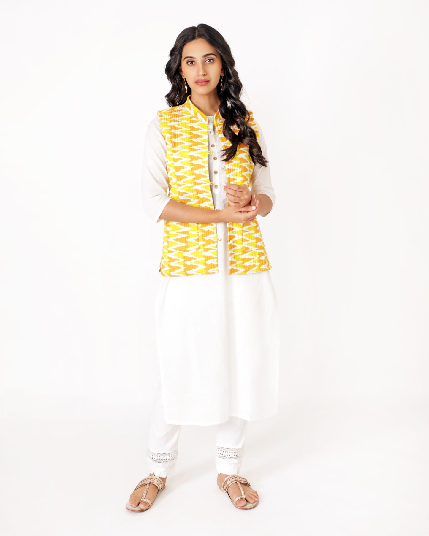 Yellow Cotton Hand Block Printed Regular Fit Jacket