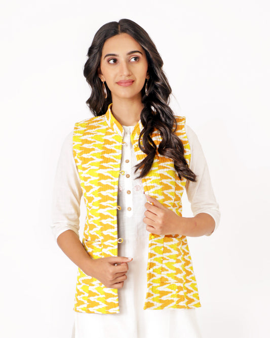 Yellow Cotton Hand Block Printed Regular Fit Jacket