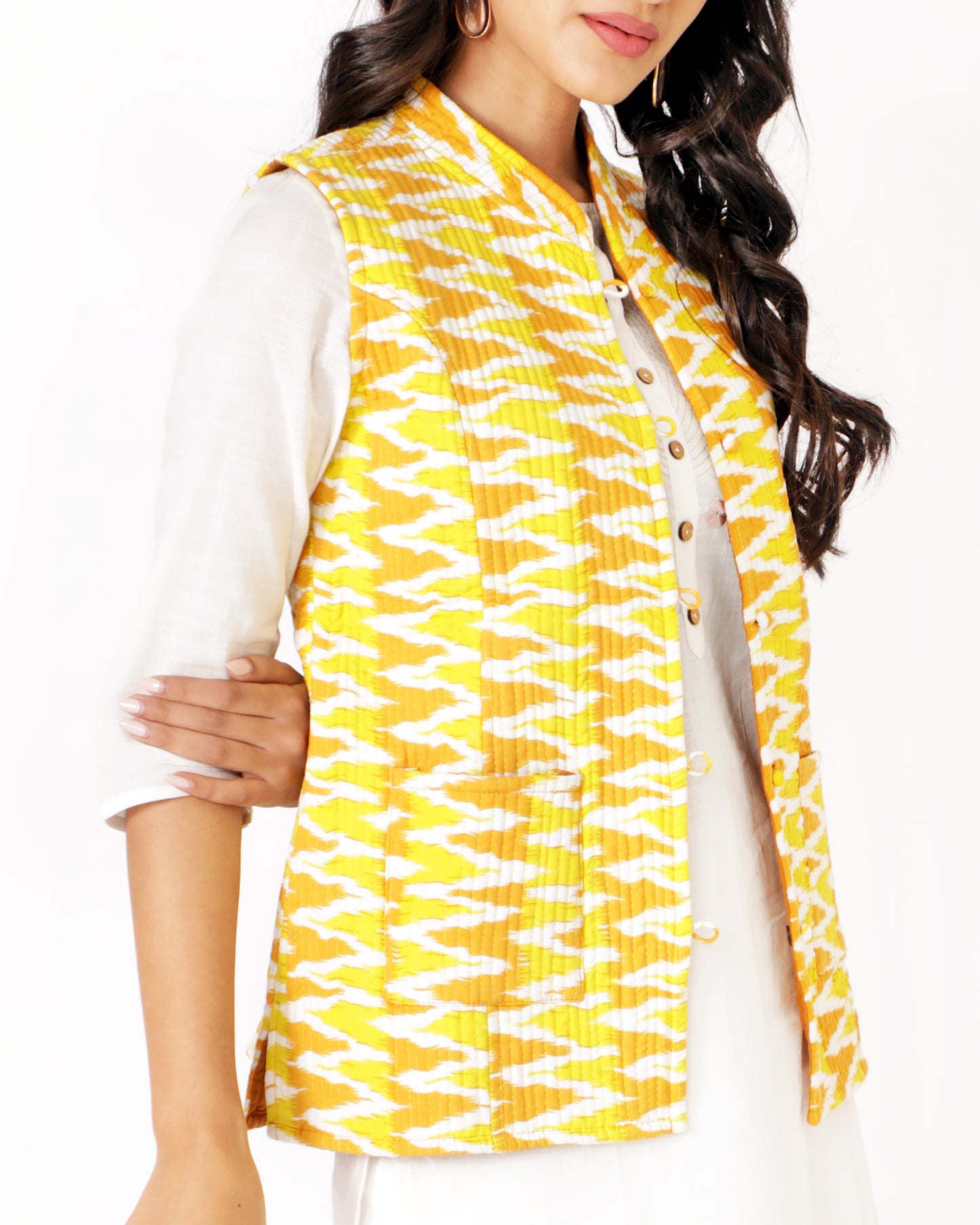 Yellow Cotton Hand Block Printed Regular Fit Jacket