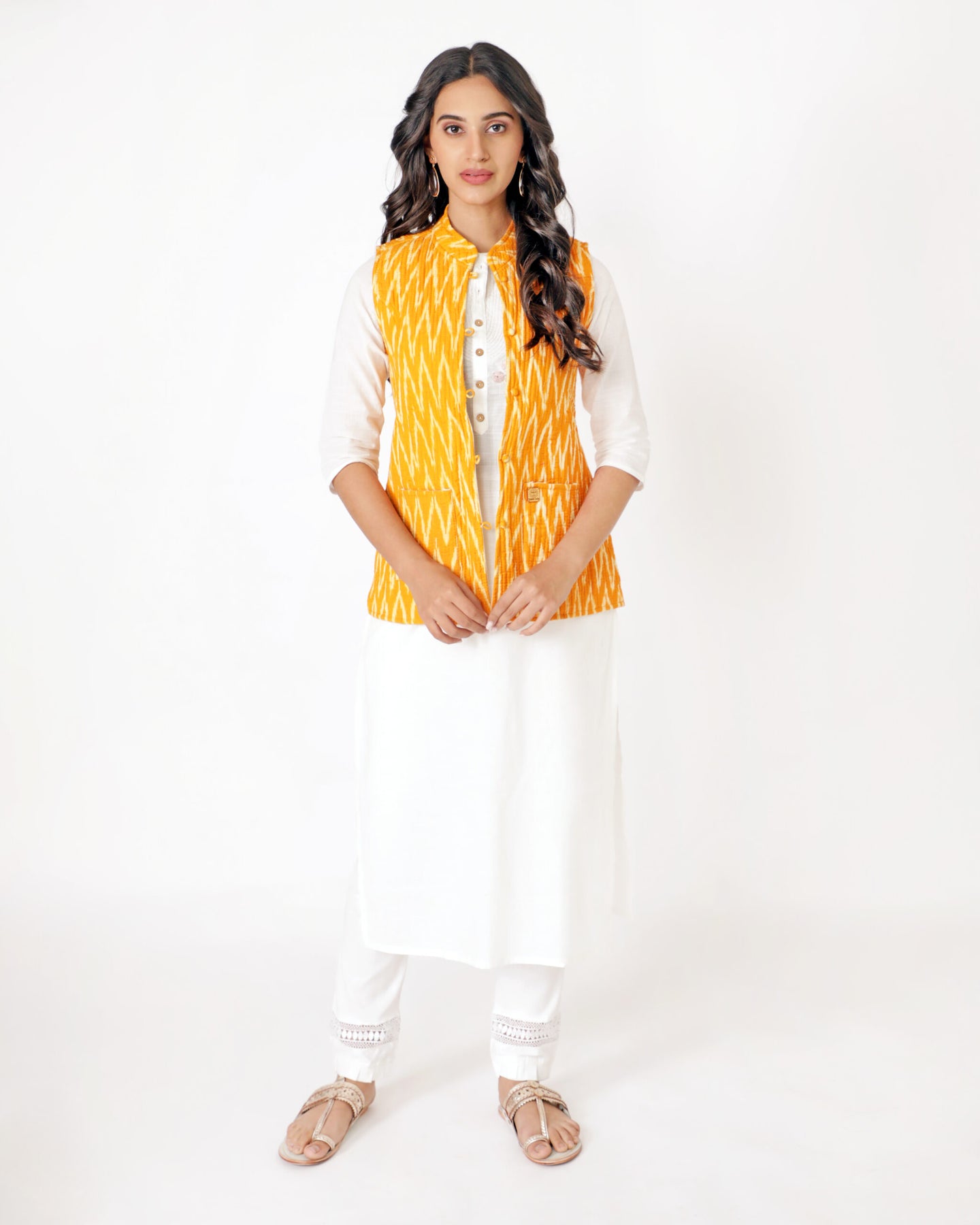 Mustard Yellow Cotton Hand Block Printed Regular Fit Jacket