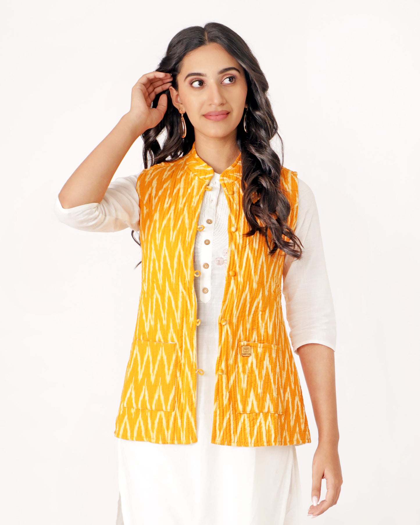 Mustard Yellow Cotton Hand Block Printed Regular Fit Jacket