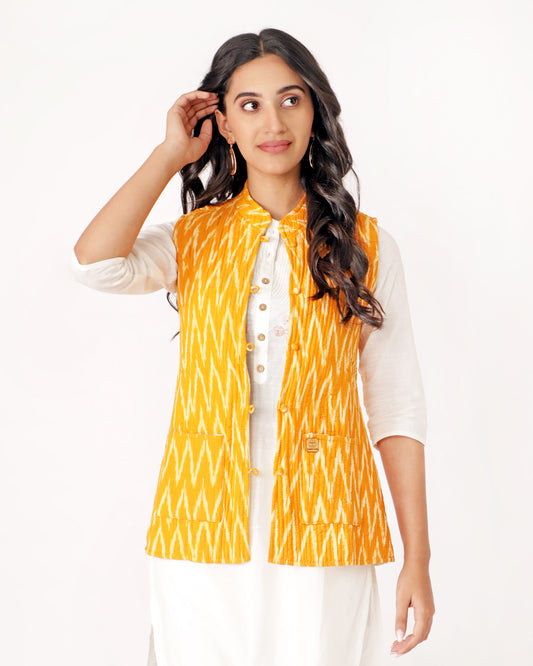 Mustard Yellow Cotton Hand Block Printed Regular Fit Jacket