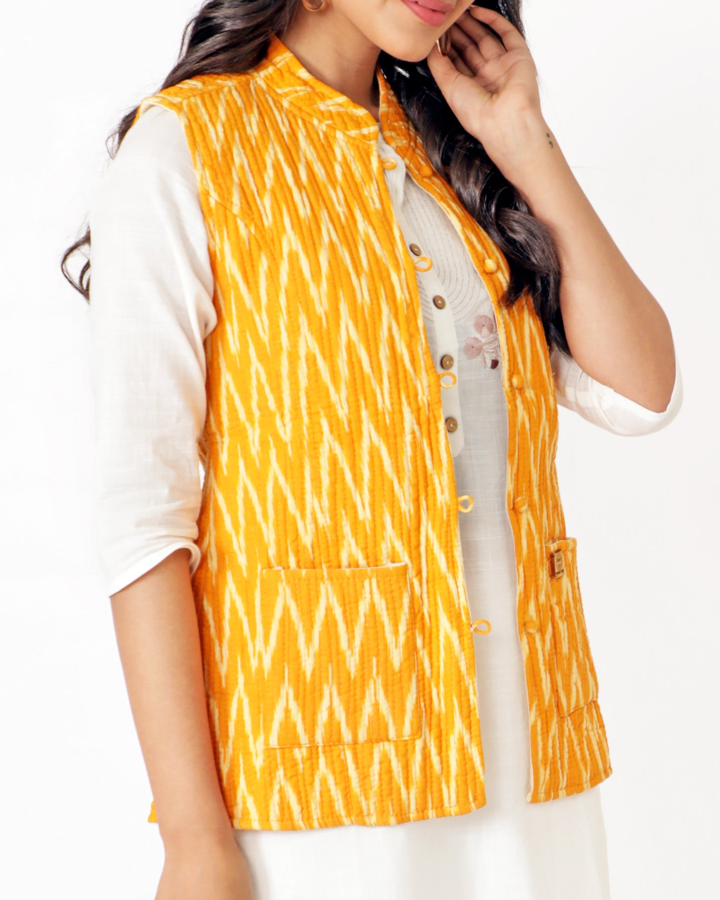 Mustard Yellow Cotton Hand Block Printed Regular Fit Jacket