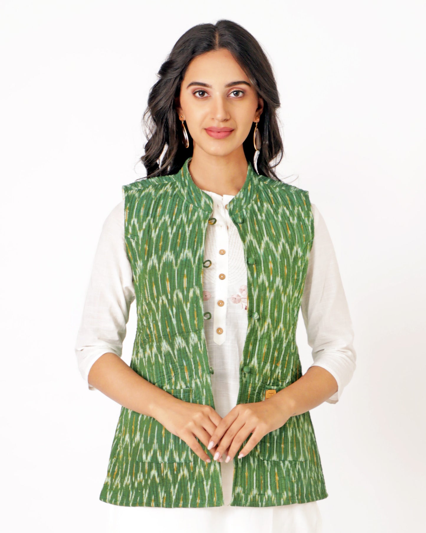 Dark Green Cotton Hand Block Printed Regular Fit Jacket