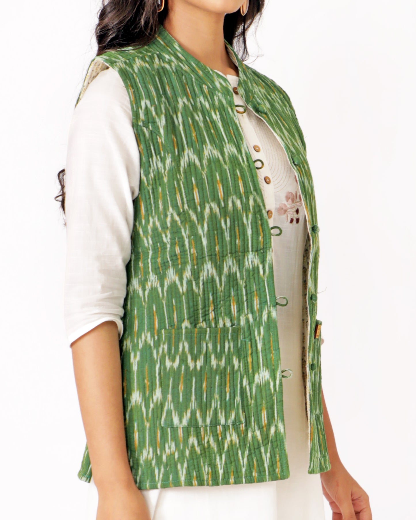 Dark Green Cotton Hand Block Printed Regular Fit Jacket