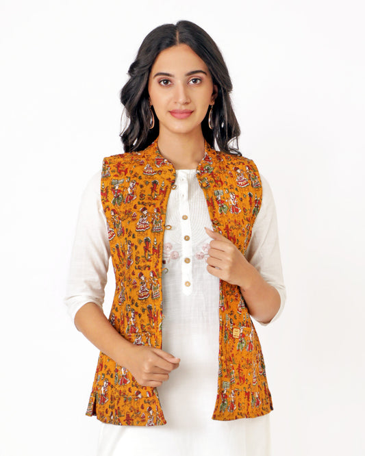 Orange Cotton Hand Block Printed Regular Fit Jacket