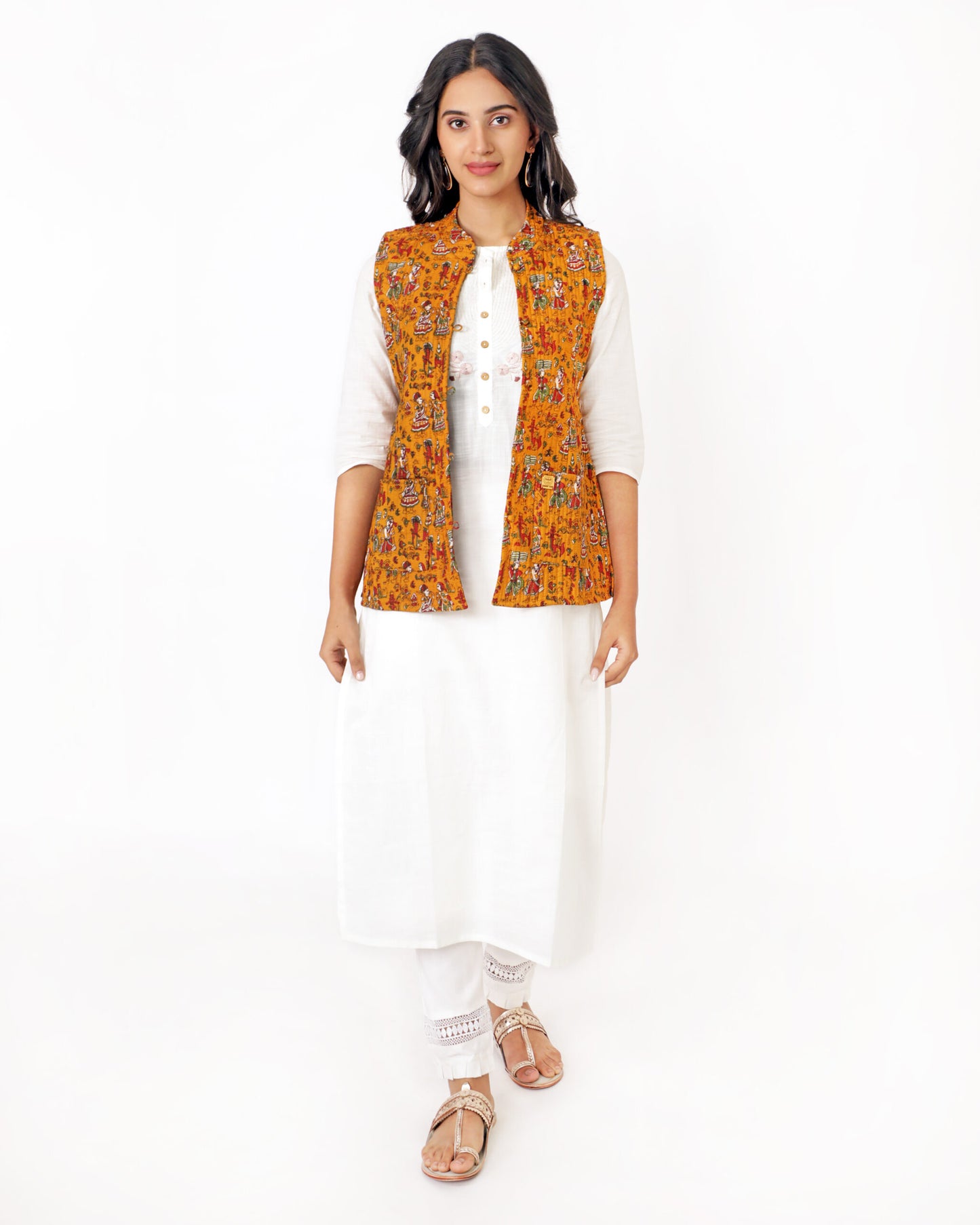 Orange Cotton Hand Block Printed Regular Fit Jacket