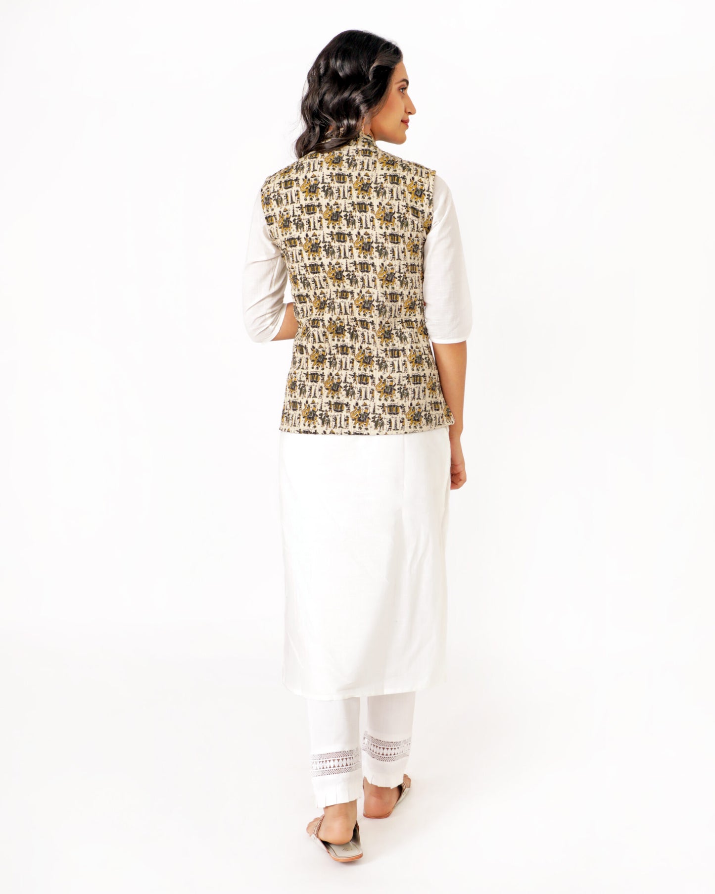 Beige Cotton Hand Block Printed Regular Fit Jacket