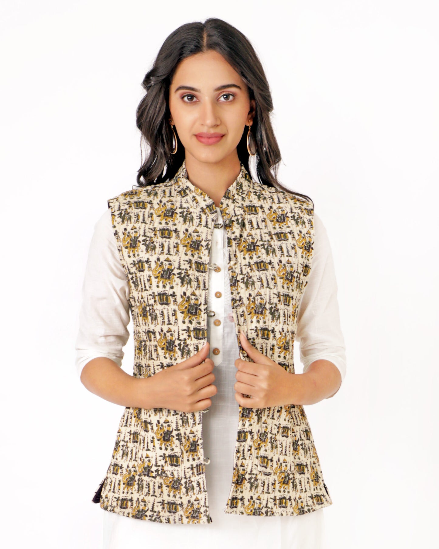 Beige Cotton Hand Block Printed Regular Fit Jacket