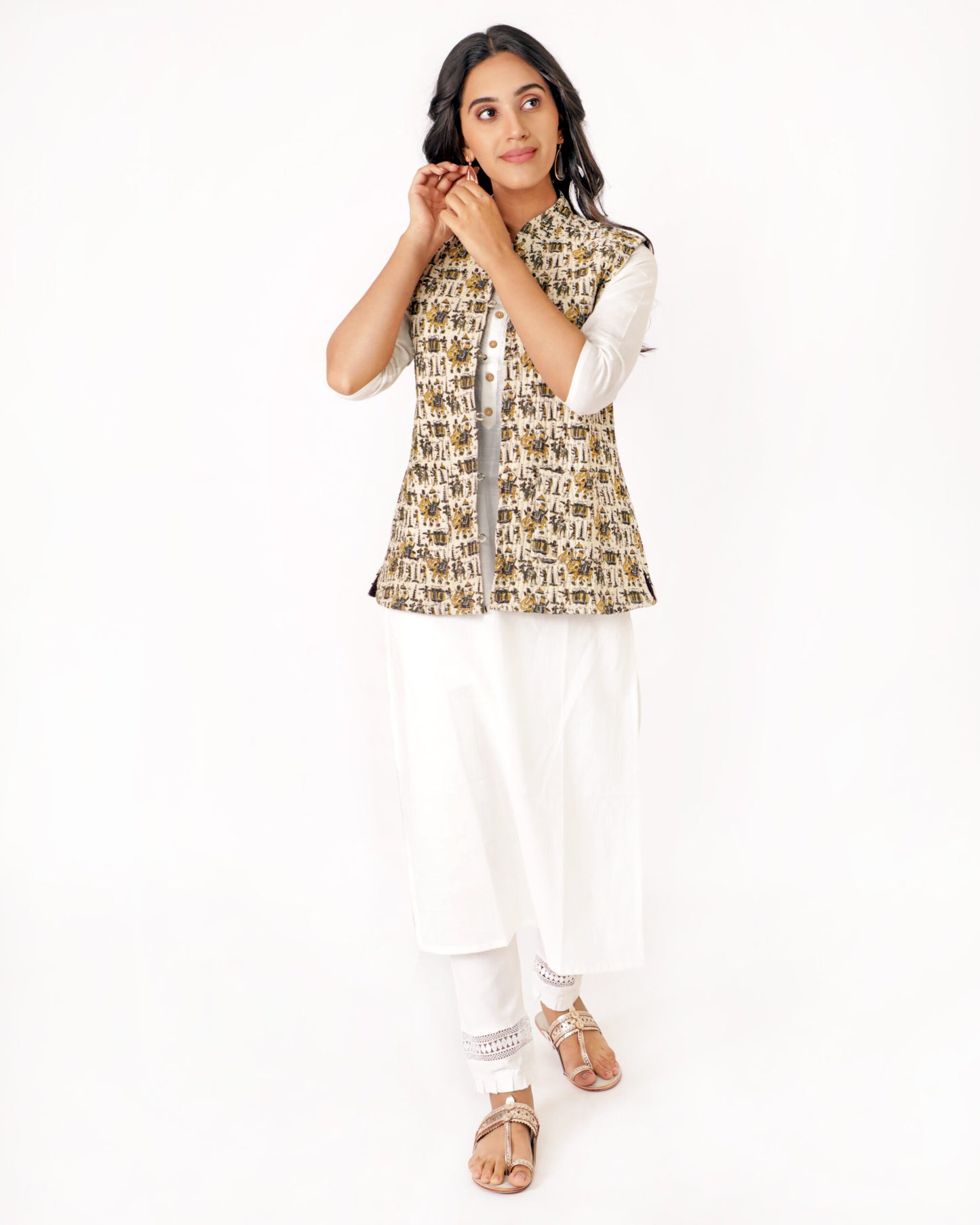 Beige Cotton Hand Block Printed Regular Fit Jacket