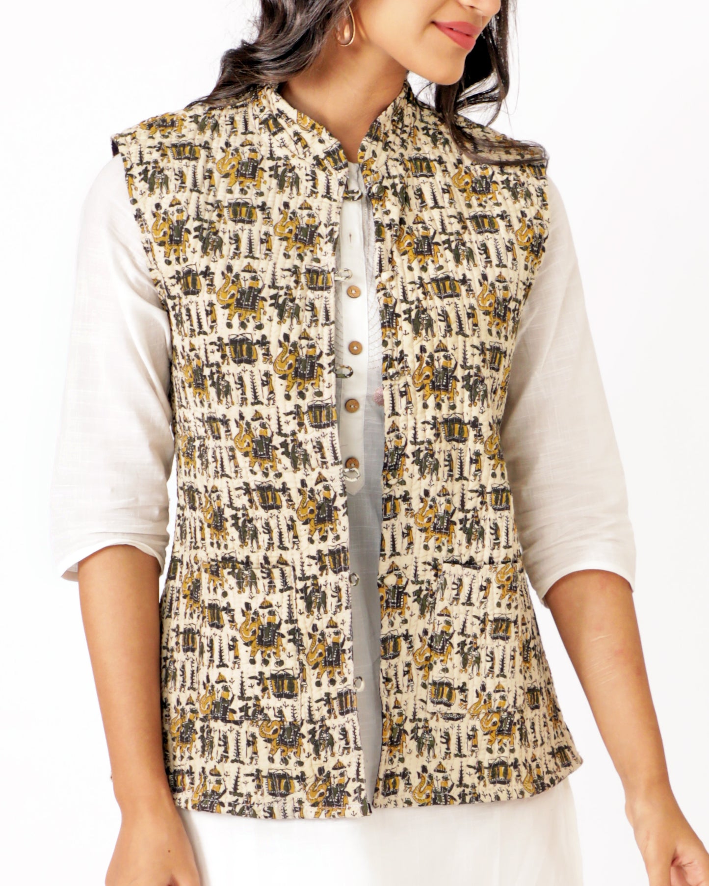 Beige Cotton Hand Block Printed Regular Fit Jacket