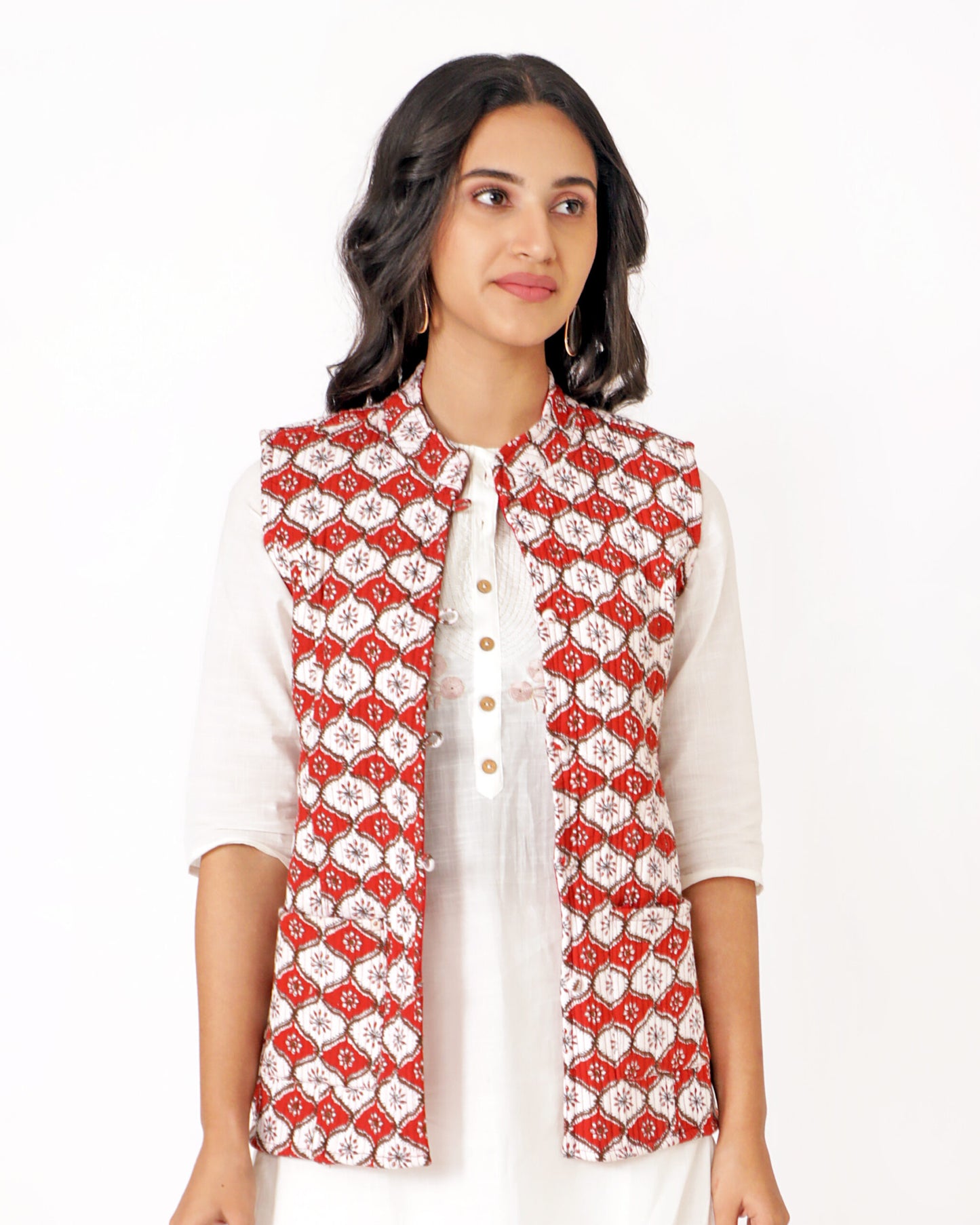 Red Cotton Hand Block Printed Regular Fit Jacket