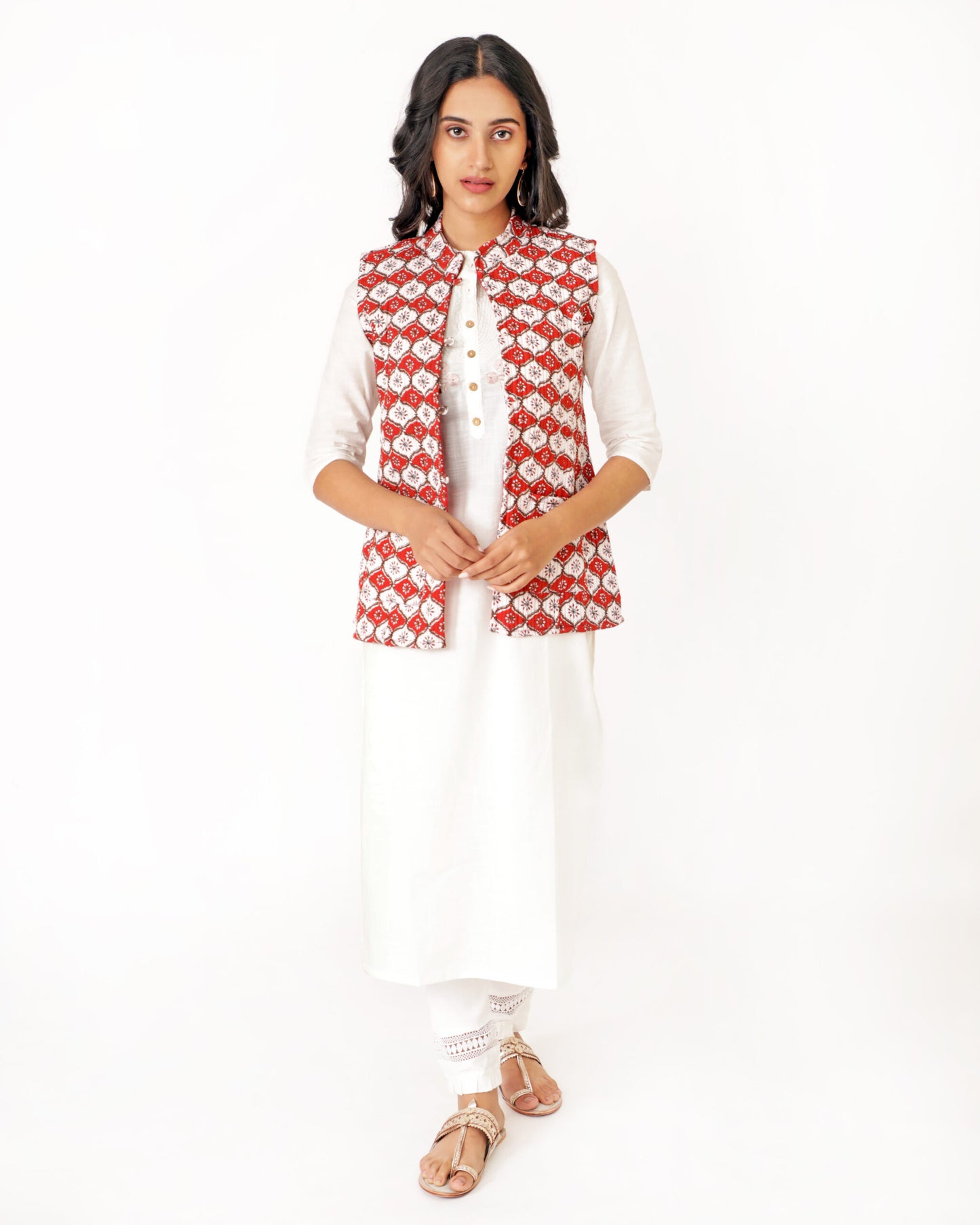 Red Cotton Hand Block Printed Regular Fit Jacket