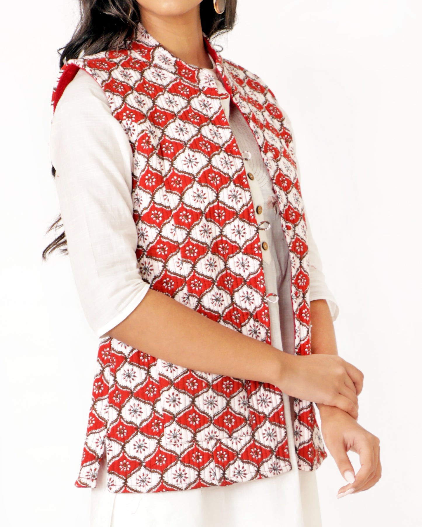 Red Cotton Hand Block Printed Regular Fit Jacket