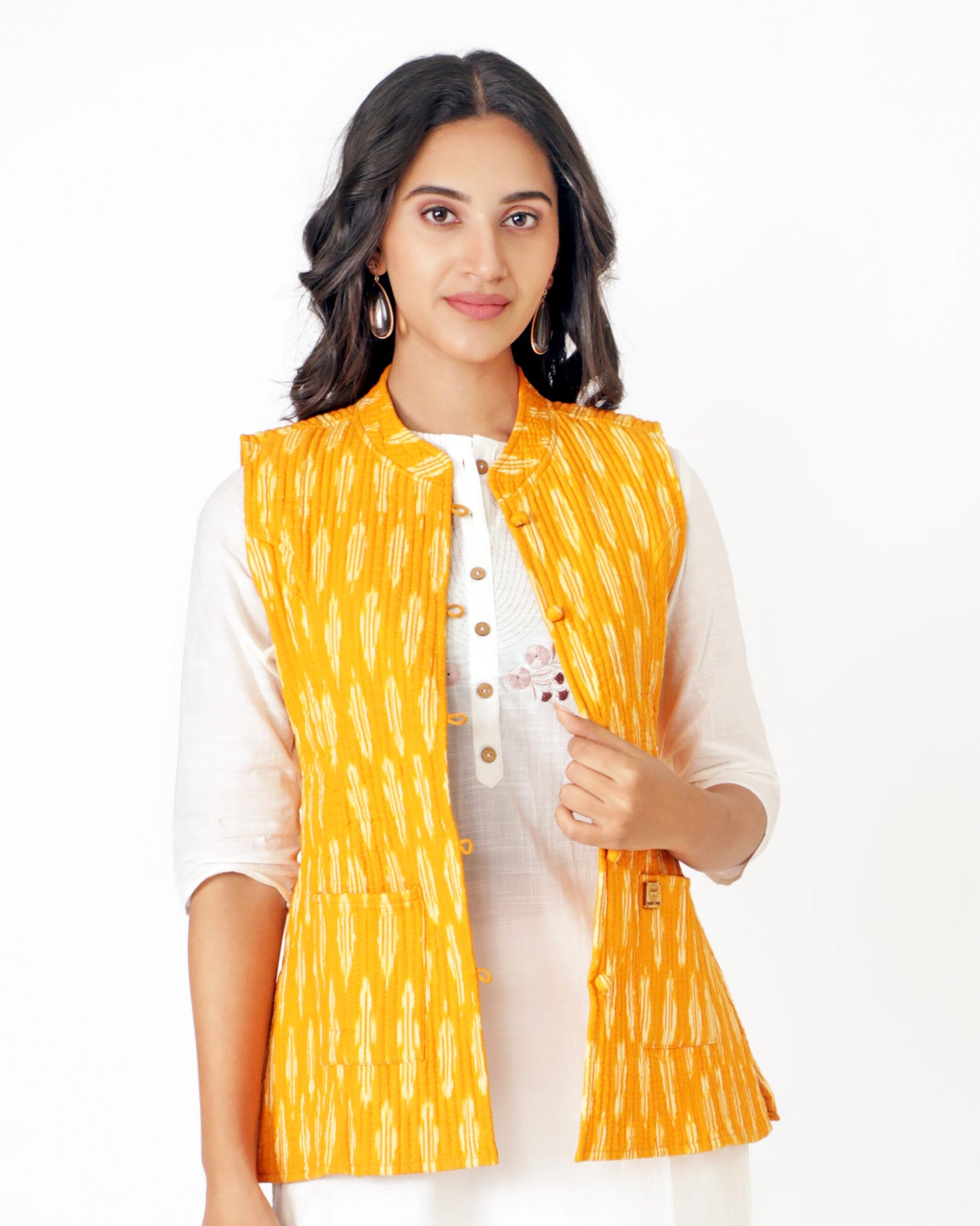 Yellow Cotton Hand Blocked Printed Regular Fit Jacket