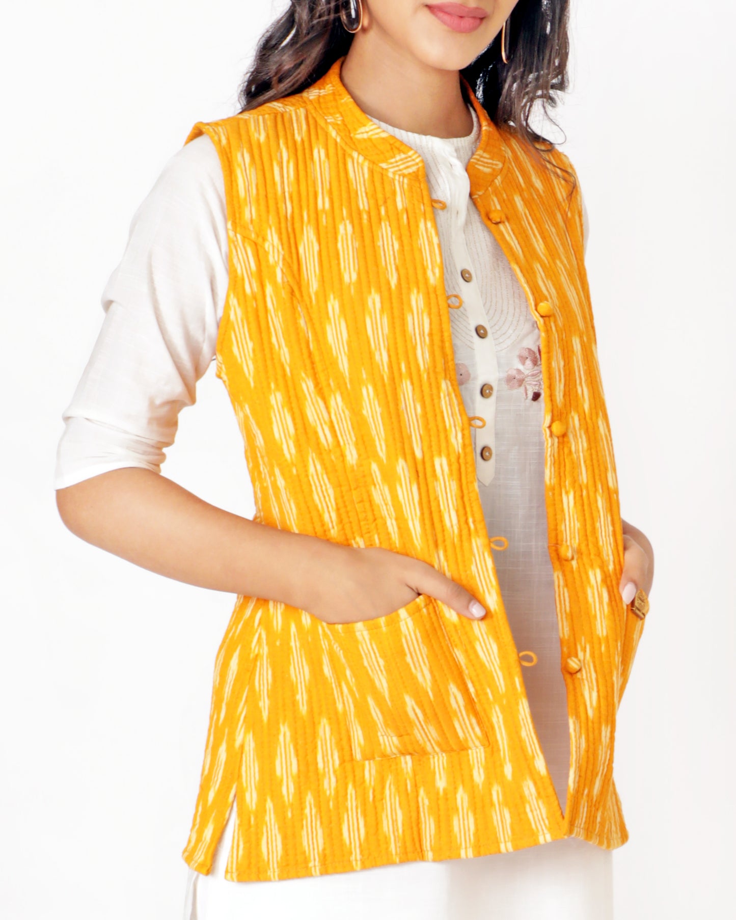 Yellow Cotton Hand Blocked Printed Regular Fit Jacket