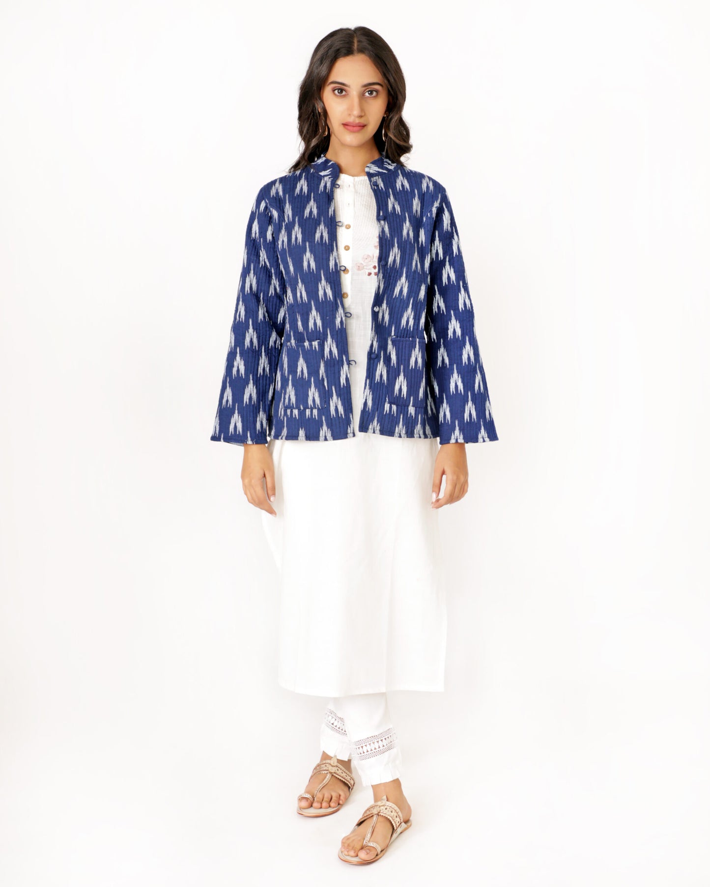 Blue Cotton Hand-Blocked Printed Short Jacket