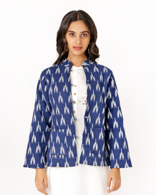 Blue Cotton Hand-Blocked Printed Short Jacket