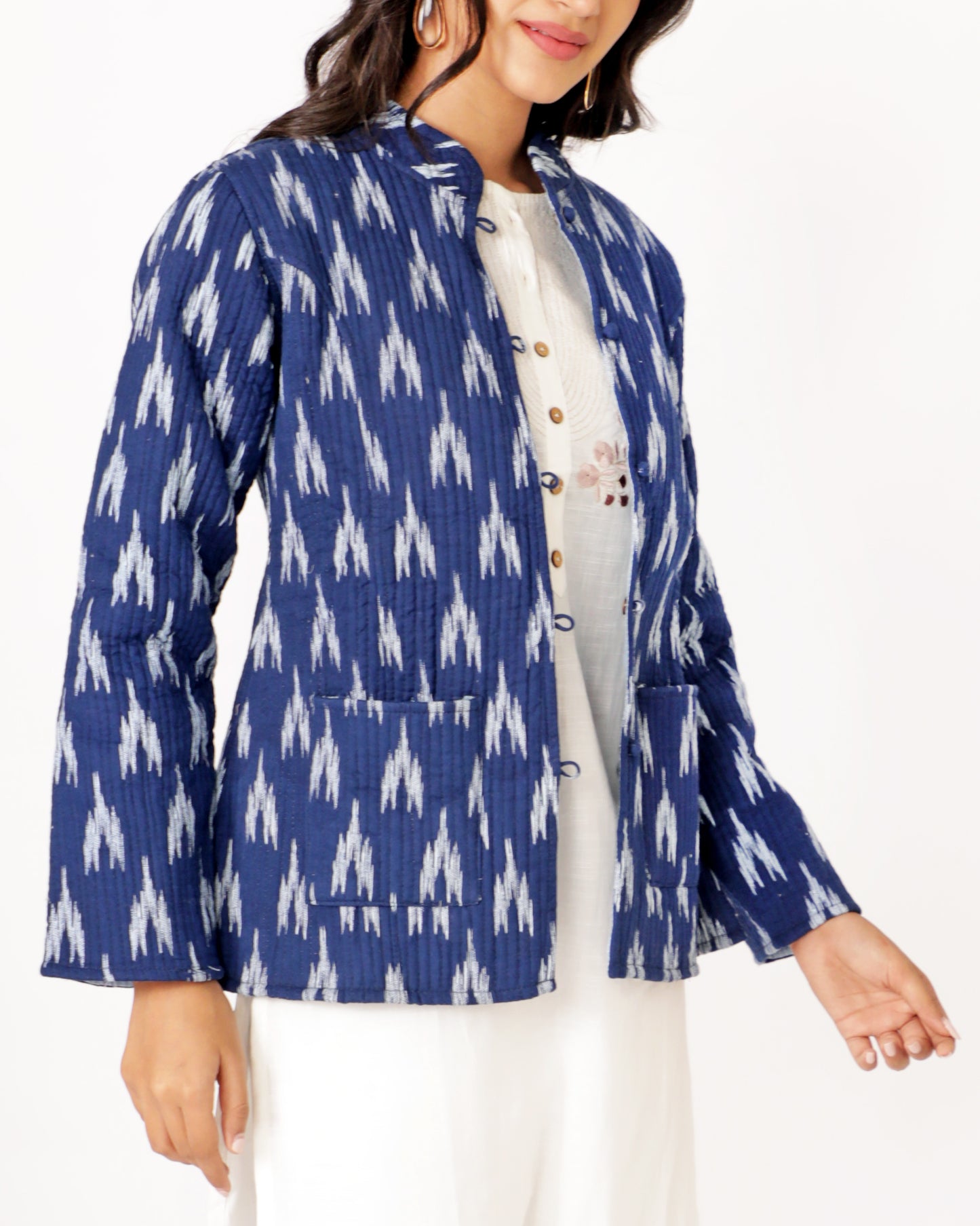 Blue Cotton Hand-Blocked Printed Short Jacket